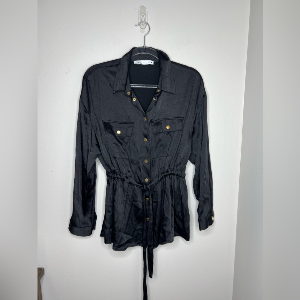 ZARA black, silky, satin soft button down top with drawstring tie cinch waist.